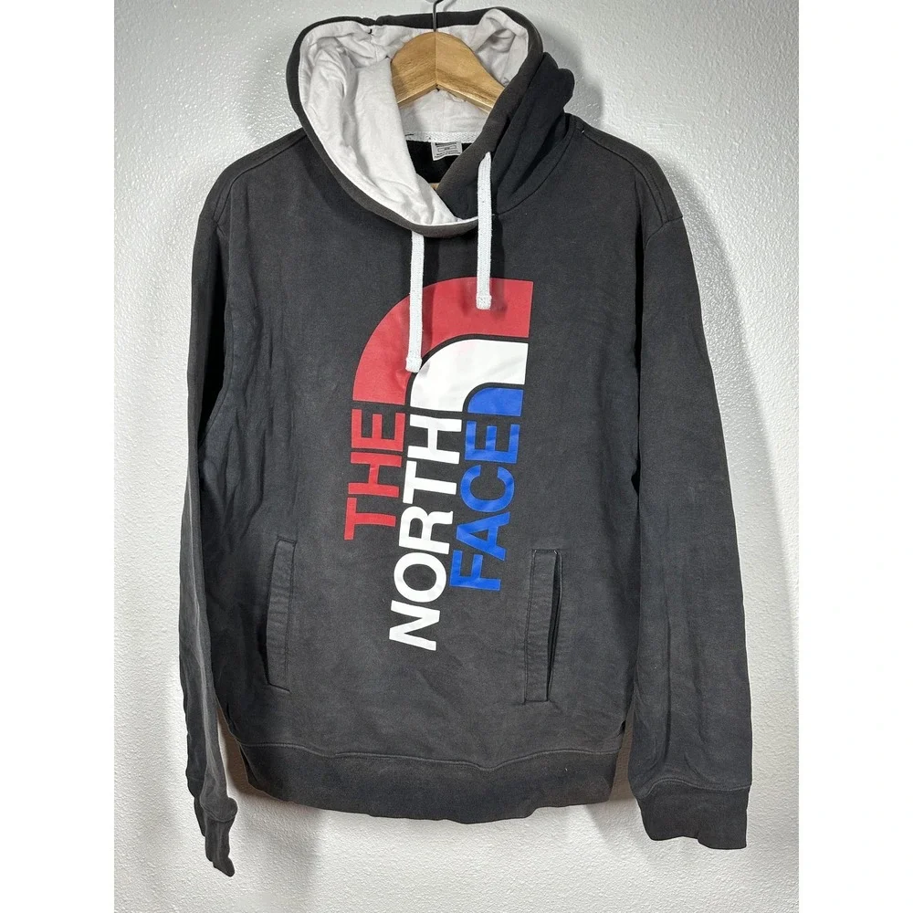 North Face Hoodie Mens Medium‎ Black Red Blue Pullover Sweatshirt Logo Graphic
